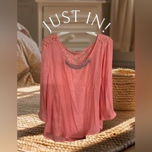 🌸. #4033-44.  Chic Coral Women's Blouse with Lace Detail
